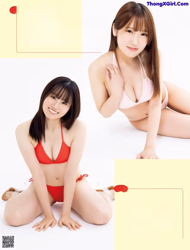 A woman in a red bikini sitting on the ground.