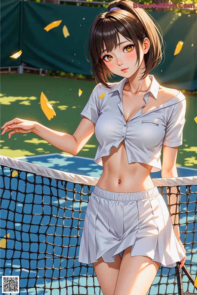 A woman in a white shirt and skirt holding a tennis racket.
