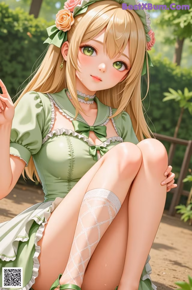 A girl in a green dress sitting on the ground.