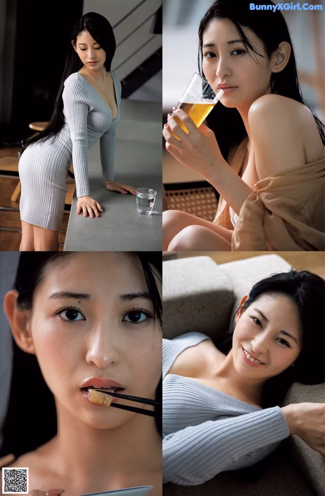 A collage of photos of a woman holding chopsticks and a glass of beer.