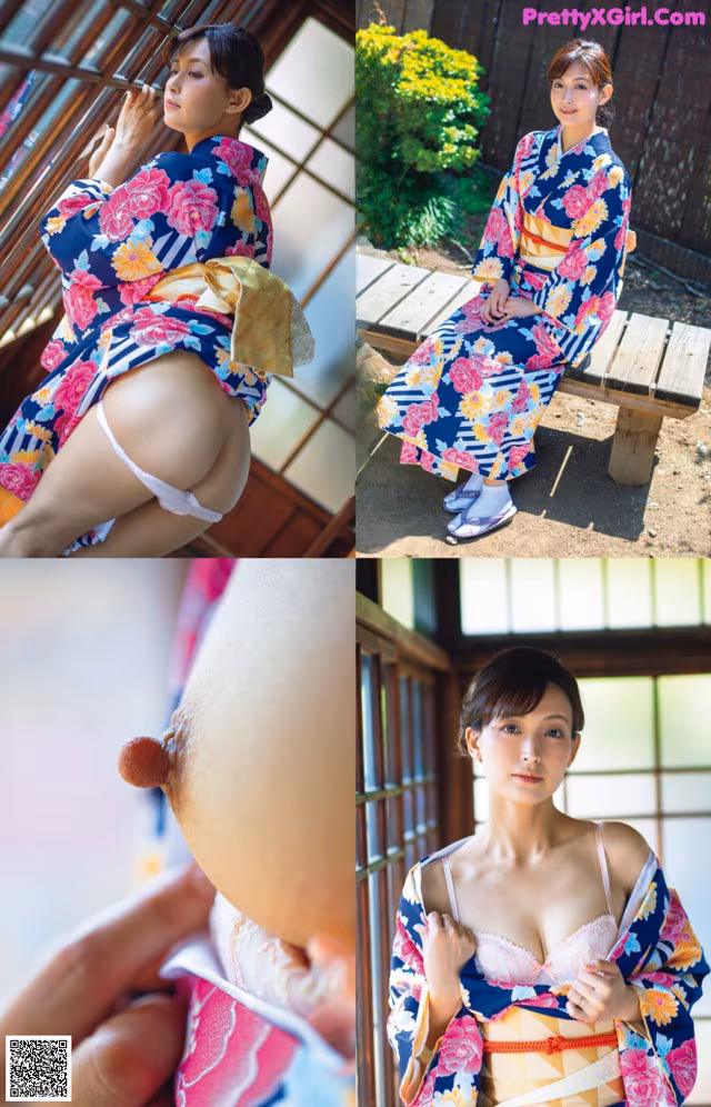 A woman in a kimono sitting on a bench.