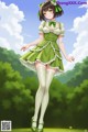 A girl in a green dress and white stockings standing in a field.