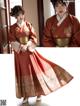 A woman in a red and gold hanbok is posing for a picture.