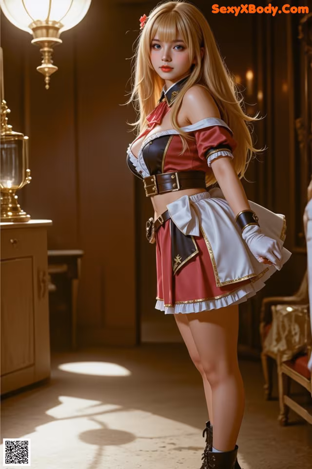 A woman in a red and white outfit is posing for a picture.
