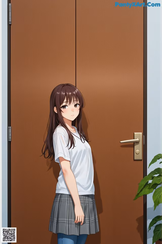 A girl standing in front of a brown door.