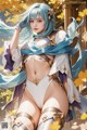 A woman with blue hair wearing a white bikini and a blue scarf.