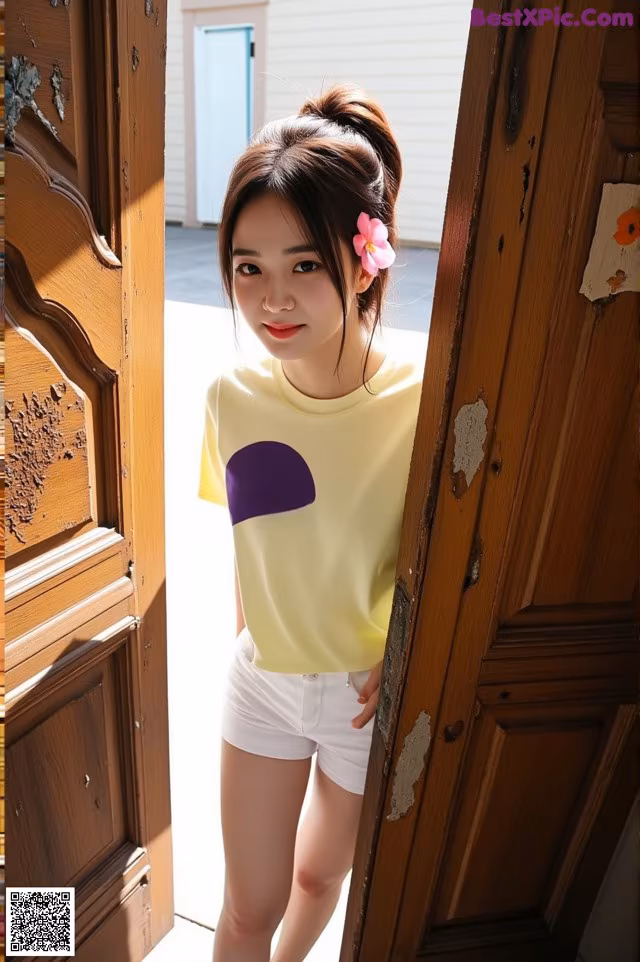 A woman standing in front of a wooden door.