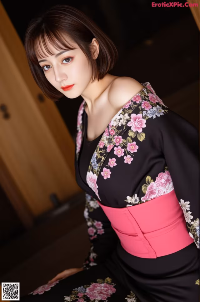 A woman in a black and pink kimono posing for a picture.