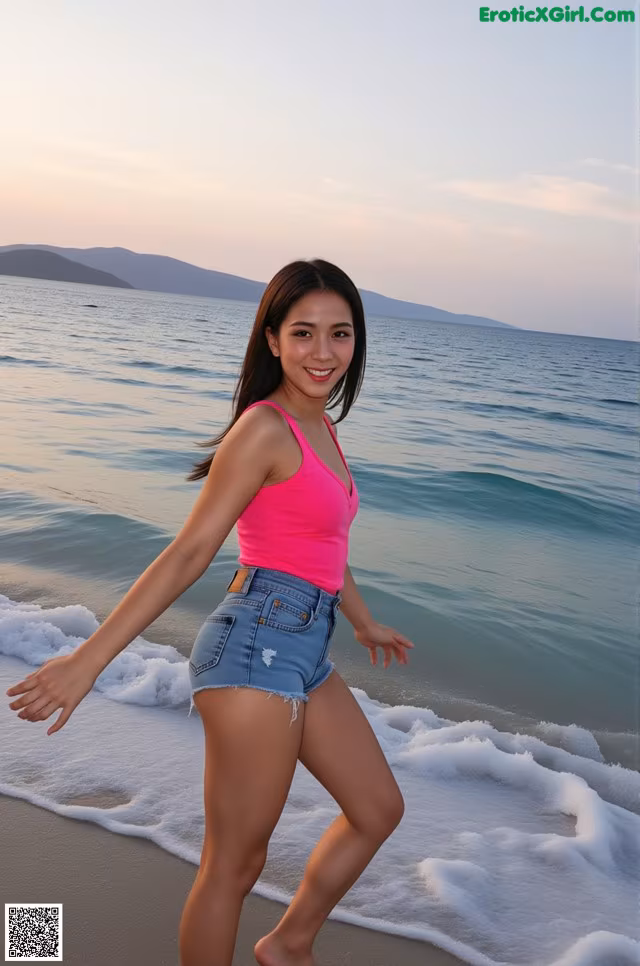 A woman in a pink tank top and denim shorts on the beach.