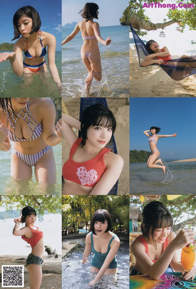 A collage of photos of a woman in a bikini in the water.