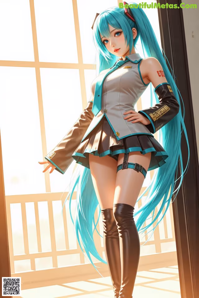 A woman with long blue hair standing in front of a window.