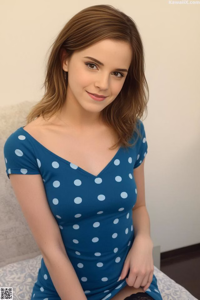 A woman in a blue polka dot dress sitting on a bed.