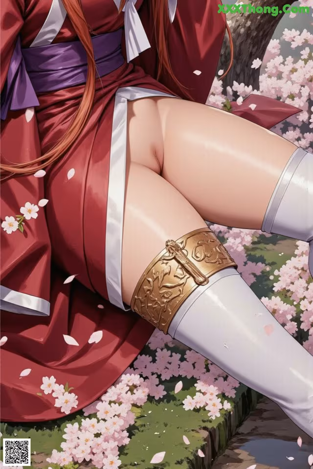 A woman in a red kimono with a purple sash and gold armlet lies amidst cherry blossoms.