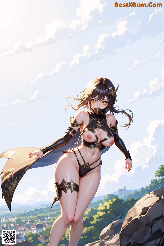 A woman in a bikini standing on top of a rock.