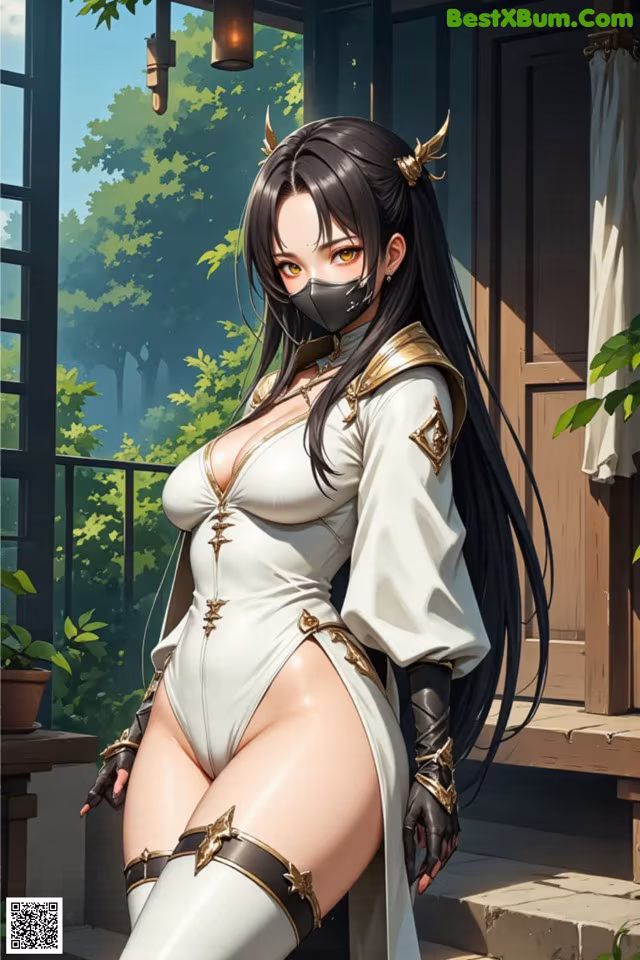 A woman in a white bodysuit with a mask on her face.