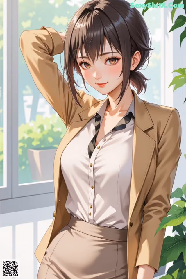 A woman in a suit and tie standing in front of a window.