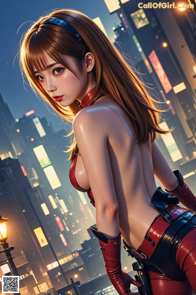 A woman in a red and black outfit standing in the middle of a city.