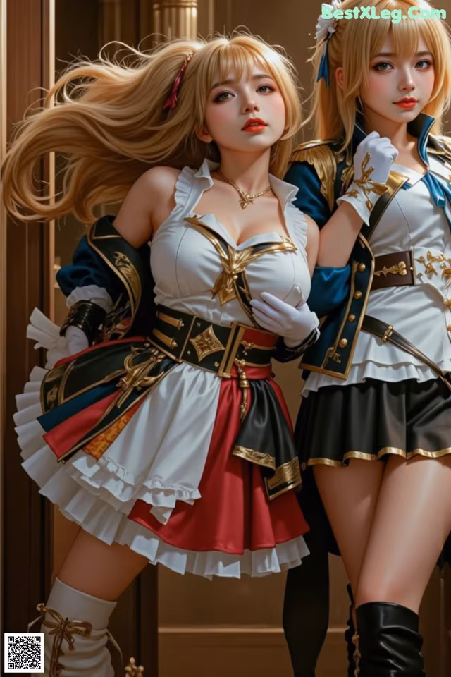 A couple of women dressed in costumes standing next to each other.